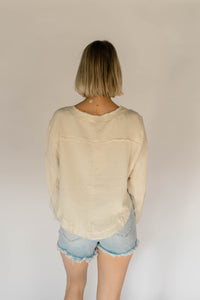 Cotton Cropped Raw-Edge Pocket Henley Top